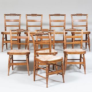 Set of Eight Federal Grain Painted and Parcel-Gilt Rush Seat Fancy Chairs