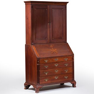 Chippendale Inlaid Carved Stained Cherry Slant-Front Secretary Bookcase, Attributed to Daniel Ames