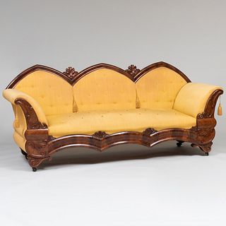 Gothic Revival Carved Mahogany and Upholstered Sofa