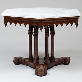 Fine Gothic Revival Carved Rosewood Marble Top Table 