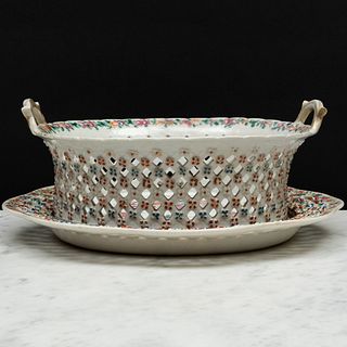 Chinese Export Famille Rose Porcelain Basket and Stand