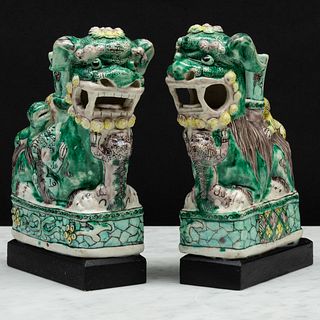 Two Similar Chinese Aubergine, Green and Yellow Glazed Porcelain Buddhistic Lion Vase Groups