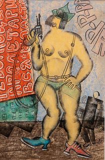 Vladimir Vasilievich Lebedev (Russian 1891-1967). Woman with Gun. Pastel on Paper