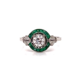 Platinum Art Deco Diamond Emerald Target Ring