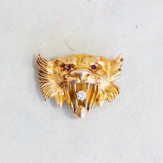 14k Gold Lion Chatelaine Pin with Diamond & Rubies