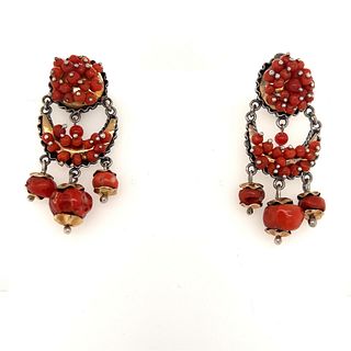 Victorian Silver & 18k Vivid Red Coral Earrings