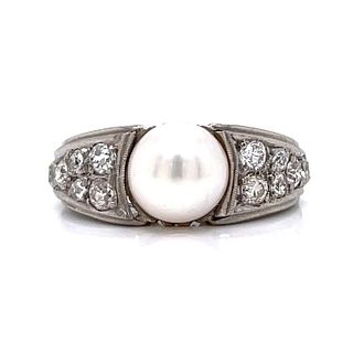 Platinum Art Deco Diamond Pearl Ring