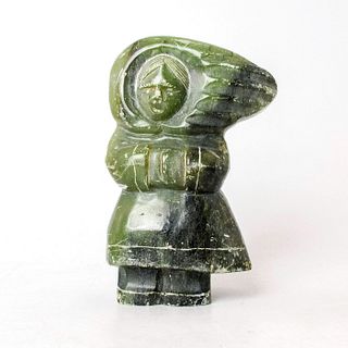 Inuit Soapstone Sculpture, Signed, Woman in Parka
