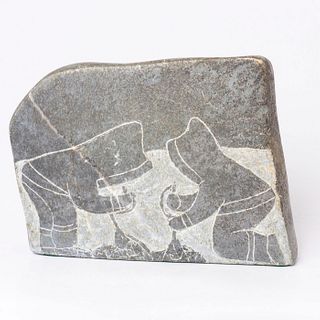 Inuit Flat Stone Petroglyph Carving, Signed, Hunting Scene