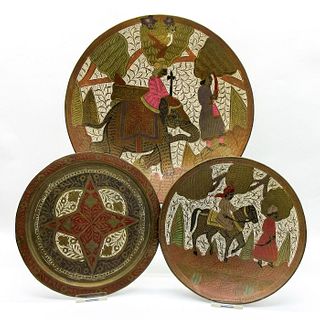 3pc Vintage Brass Etched Painted Bronze Decorative Plates