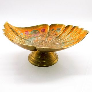 Vintage Painted Brass Footed Dish Bowl Scalloped Edge