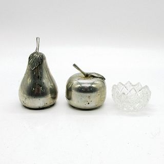 3pc Vintage Pewter & Glass Salt & Pepper Shakers