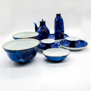 10pc Japanese Fukagawa Cobalt Pottery Sushi Saki Collection