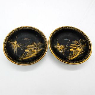 2pc Vintage Japanese Porcelain Laquerware Trinket Dishes