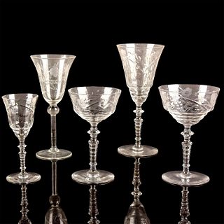 22pc Vintage Floral Etched Glass Cut Crystal Glasses