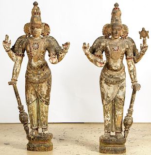 2 Large Antique Carved Wood Vishnu Temple Statues