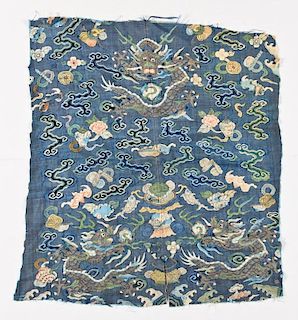 Antique Chinese Blue Silk Dragon Panel
