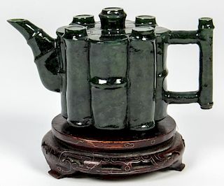Antique Chinese Spinach Jade Bamboo Form Teapot with Stand