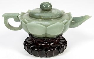 Antique Chinese Jade Lotus Form Teapot with Stand
