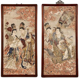 Two Antique Chinese Pigment on Clay Paintings