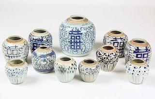11 Chinese Blue and White Decorated Pots, Various Ages