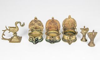 3 South India puja lamps, 2 nagas, bird lamp, circa 1700-1850