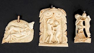 3 Erotic Carved Ivory Pendants