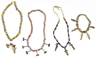 4 Necklaces of African Trade Beads and Ashanti Gold Weights