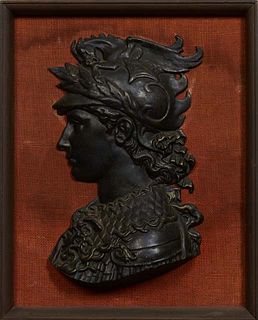 After Edmond Louis Charles Tassel (1870-1900, French), "Bust of Perseus," 20th c., loosely mounted onto a faded red burlap backing, presented in a woo