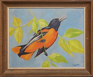 Jacques van Aalten (1907-1997, New Orleans), "Oriole Perched on a Branch," 1959, acrylic on canvas board, signed lower right, dated en verso, with art
