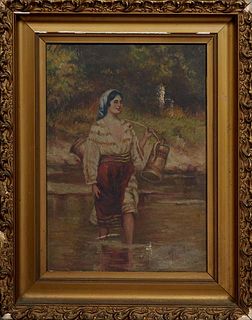 Continental School, "Gypsy Girl Getting Water," 19th c., oil on canvas, unsigned, presented in a gilt frame, H.- 16 1/2 in., W.- 11 1/2 in., Framed H.