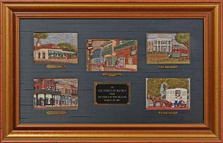 Kay Glenn and Sylvia K., Collection of framed wood vignettes consisting of: Cafe du Monde, Lafcadio Hearns Boarding House, the St. Charles Streetcar, 