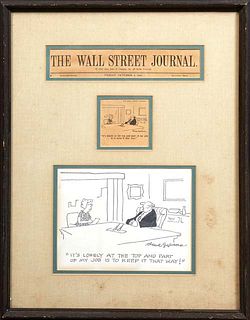 Wall Street Journal Cartoon, from Friday October 4, 1985, by Dave Girard, along with the original pen and ink cartoon, presented in a wooden frame wit