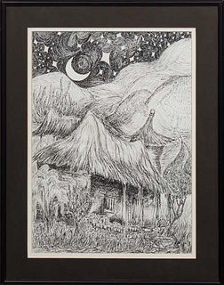 John Hawxhurst (1931-, Louisiana), "Nighttime Cottage View," 1986, pen on paper, signed and dated lower right, with a WYES 1995 auction tag en verso, 