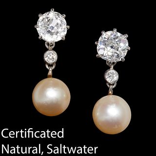 CERTIFICATED NATURAL SALTWATER PEARL AND DIAMOND DROP EARRINGS