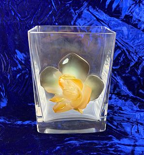 Lalique Crystal Amber Rose Vase