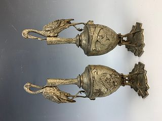 Pair of Silvered Bronze Vases with Storks