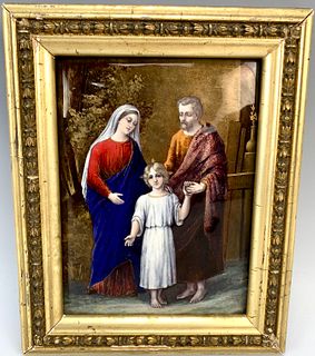 Limoges Enamel Plaque Young Girl and Parents