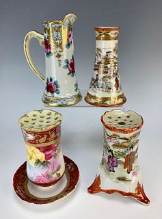 4 Japanese Hand Printed Porcelain Hatpin Holders