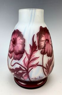 Signed Muller Fres "Poppies" Cameo Glass Vase