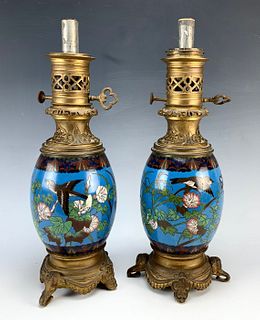 Pair of Cloisonne Bronze Oil Lamps, 19th Century