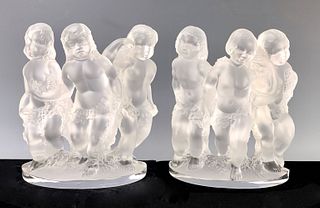 Two Lalique Frosted Glass Enfants Bookends
