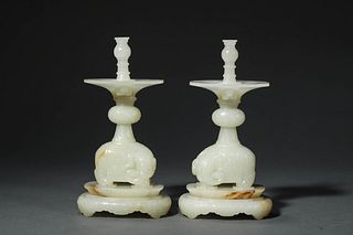 Qing Qianlong: A Pair of White Jade Elephant Shaped Candlestick Holders