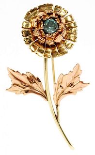 1.75CT BLUE ZIRCON AND 14KT GOLD FLORAL BROOCH