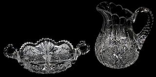 AMERICAN CUT GLASS WATER PITCHER AND RELISH DISH