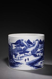 Qing:  A Blue & White Porcelain Brushpot