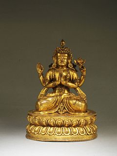 Ming: A Gilt Bronze Seated Guanyin Statue