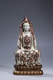 Yuan Dynasty: An Underglaze Red Porcelain Guanyin Statue
