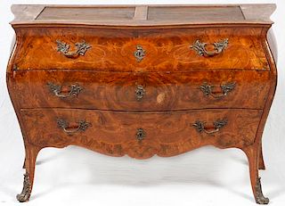 FRENCH MARQUETRY INLAID BOMBE COMMODE 19TH C