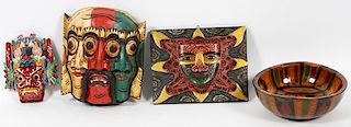 COLUMBIAN STYLE WOOD MASKS, PLAQUE AND CARVED BOWL